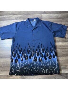 Anchor Blue Y2K Flame Button Up Shirt Men’s XL Blue Tribal Graphic 90s Vintage